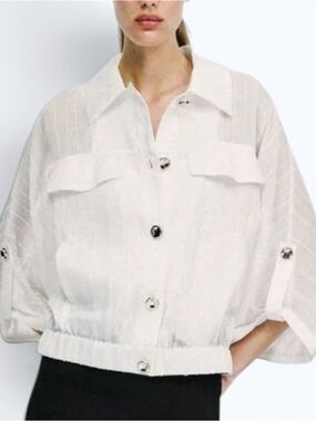 Zara Cream Linen Tabbed Sleeve Safari Blouse, Size M, MSRP $60